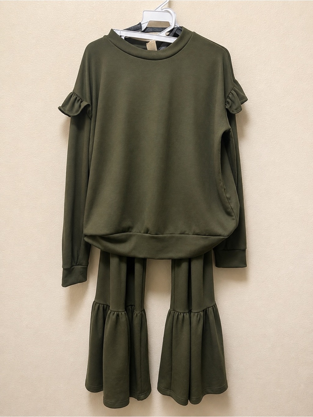 Olive Ruffle-Trim Jumpsuit with Flared Tiered Legs